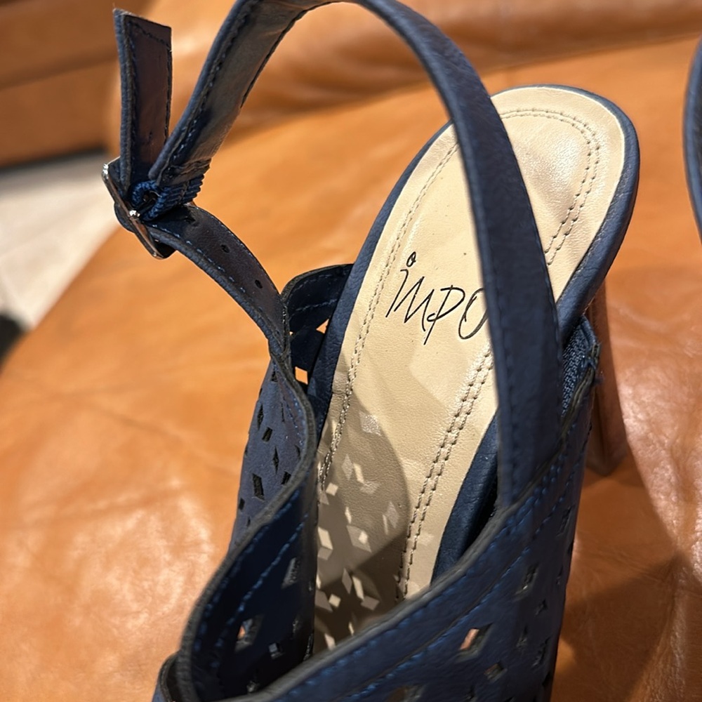 Impo Brand Sandal Heels in Blue with Faux Wood Heel - Picture 7 of 11